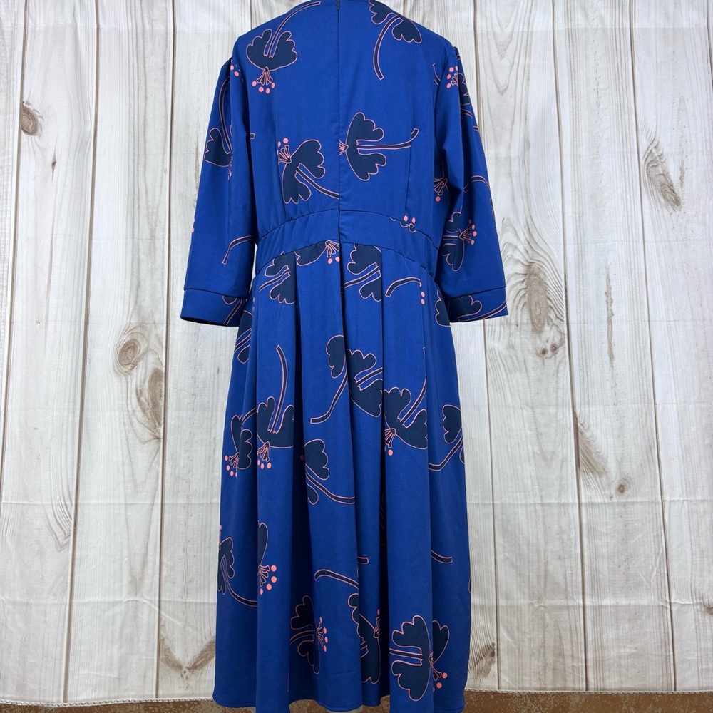 New Floral Midi Dress 3/4 Sleeves Pockets Evening Flare Pleated Blue Size XXL - Picture 2 of 15
